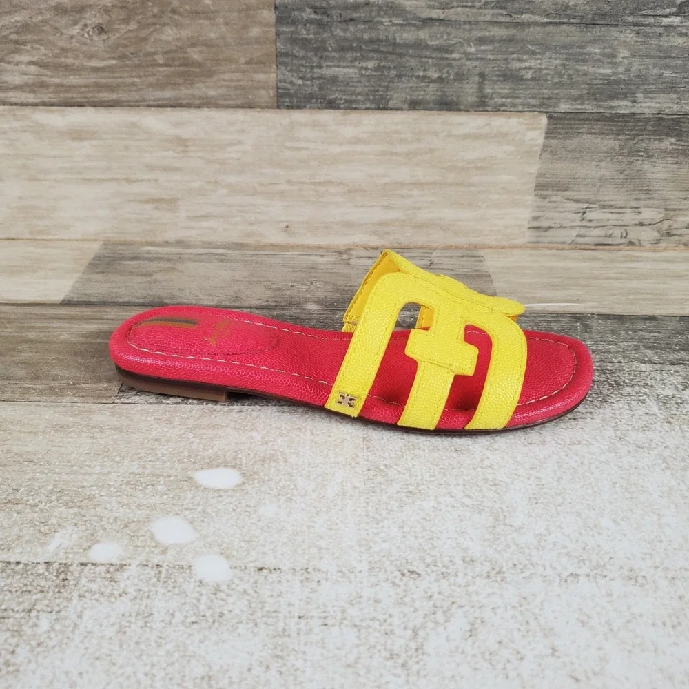 Sam Edelman Bay Kid Slide Sandal Sz 1 M Yellow Red Leather Slip On Open Toe Flat